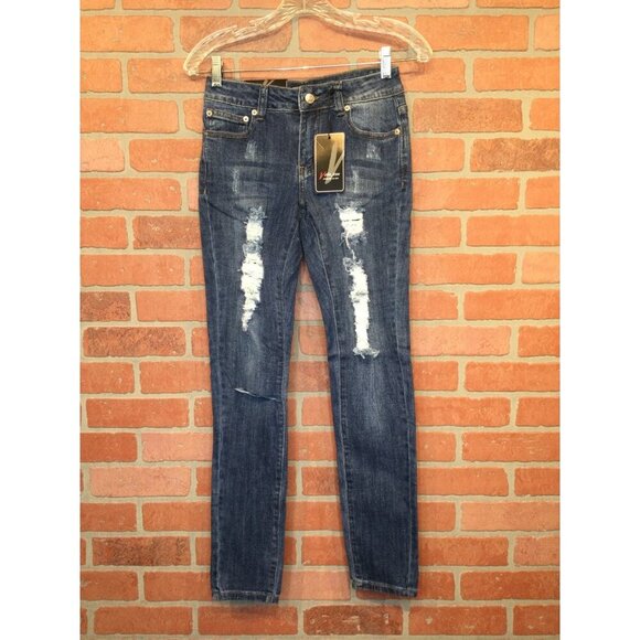 Vella Jean Womens Distressed Skinny Jeans Size 1 Cotton Blend Blue Stretch - Picture 1 of 9